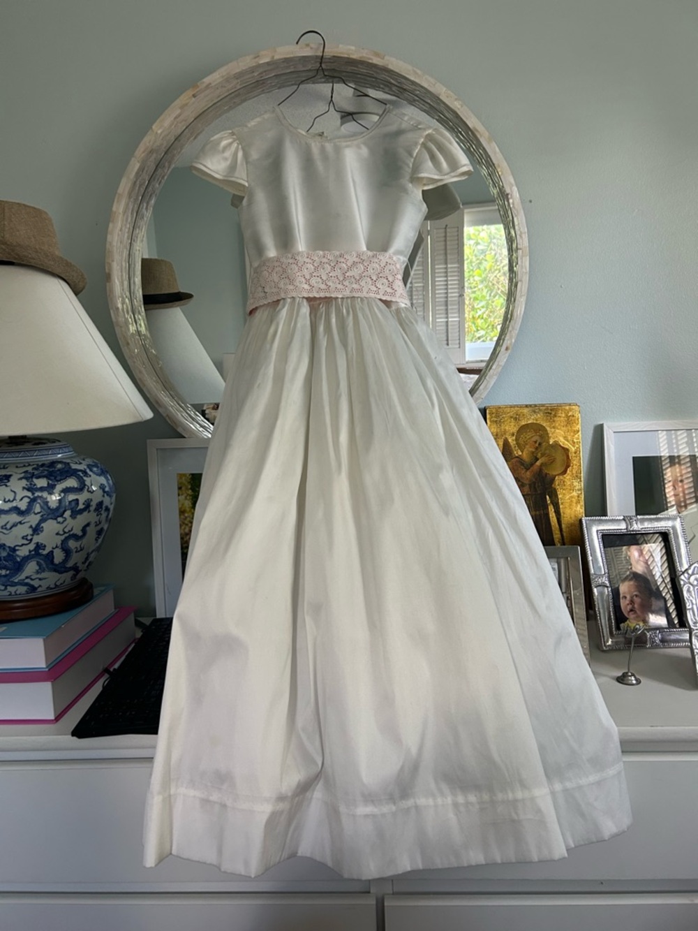 Ivory Satin Girls Formal Dress with Pink Lace Waistband